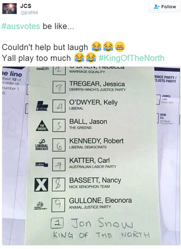 Meanwhile, popular Game of Thrones character John Snow was an appealing option for plenty of voters